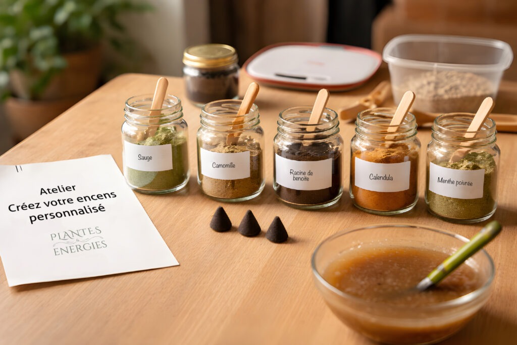 une table avec tout ce qu'il faut pour créer des encens